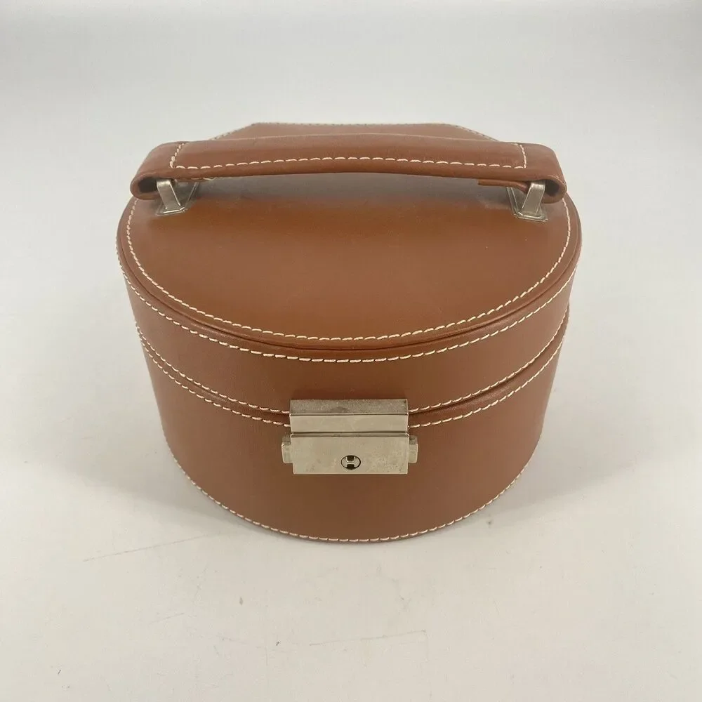 Fossil Genuine Leather Travel Jewelry Box Case Brown Lockable w Keys Mirror